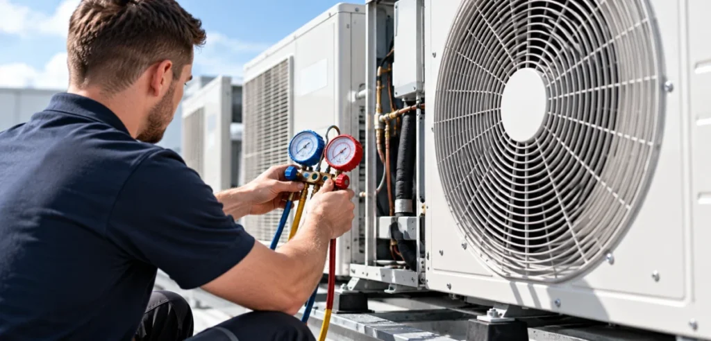 Abicool engineer servicing a commercial air conditioning unit