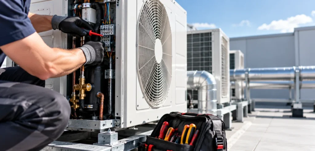 Air conditioning condenser being serviced by Abicool in Cumbria