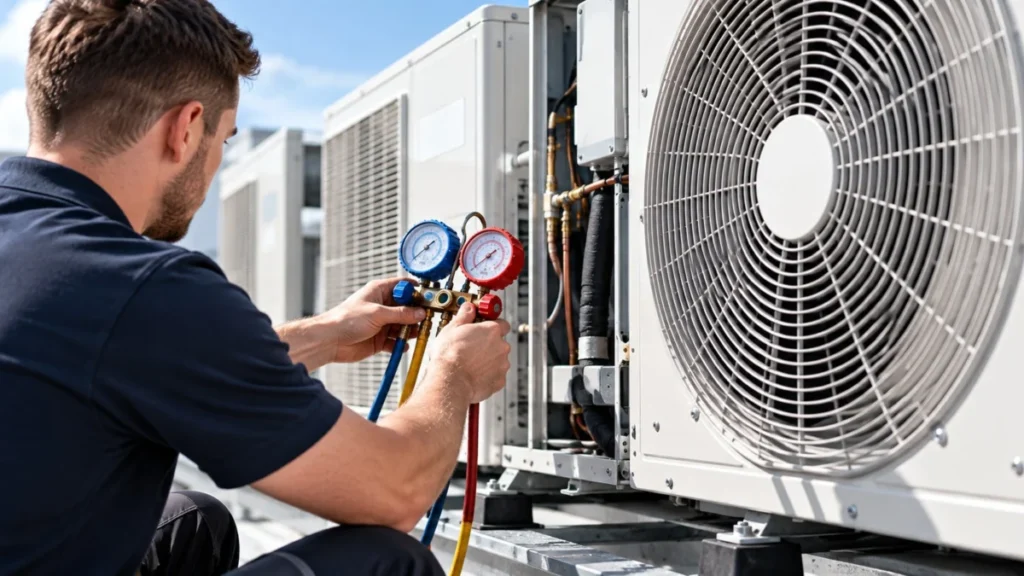 Abicool engineer servicing an air conditioning condenser