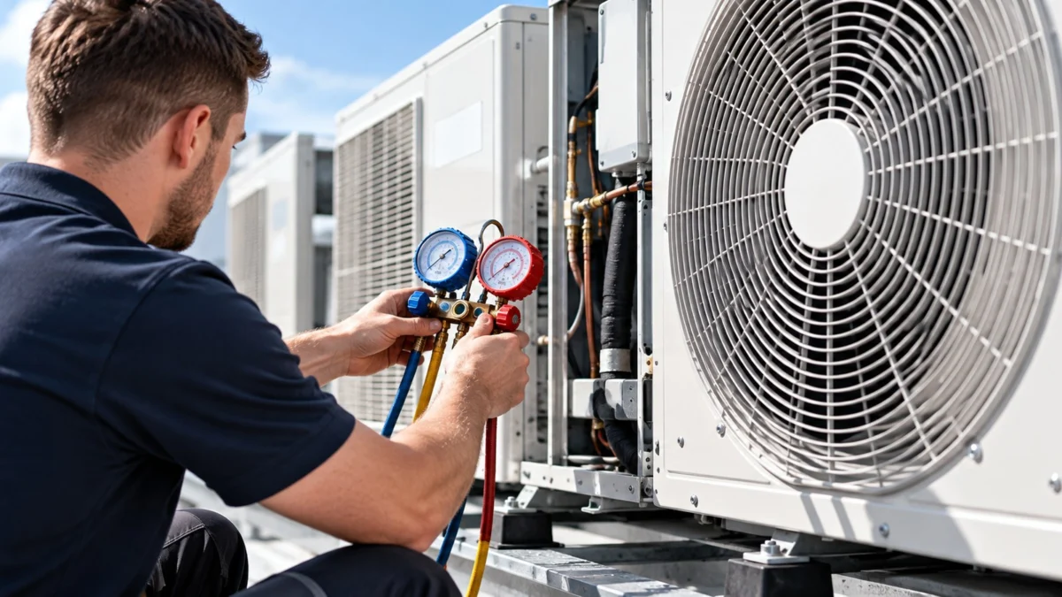 Abicool engineer servicing an air conditioning condenser