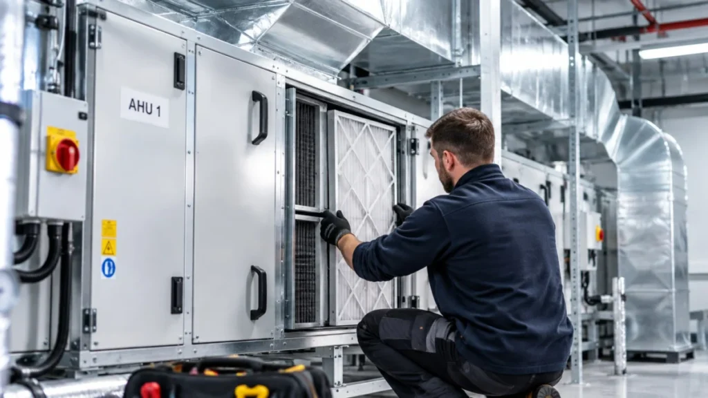 Engineer maintaining an air handling unit
