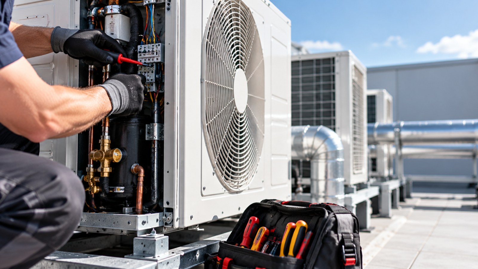 Engineer working on commercial condenser fans