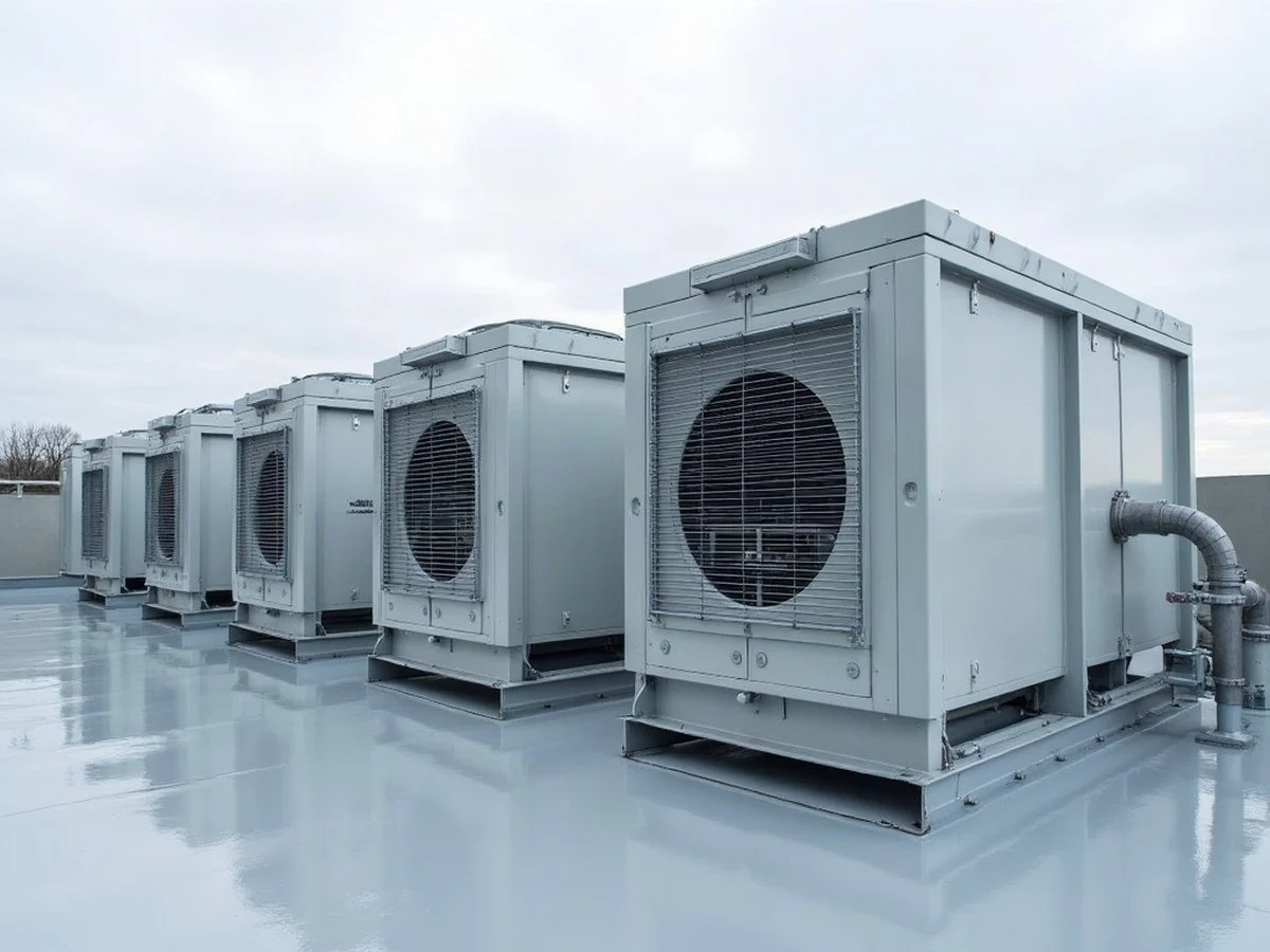 VRF condenser units on a commercial roof